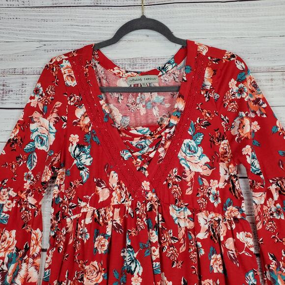 Red Floral Y2K Babydoll Ruffle Tunic Top M Flare Sleeves Boho Hippie Asymmetric - Picture 4 of 12